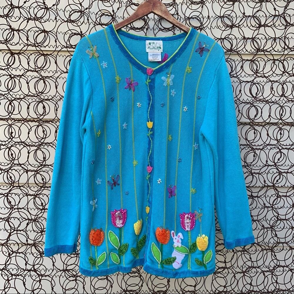 Quacker Factory blue cardigan spring flowers embroidered embellished MEDIUM